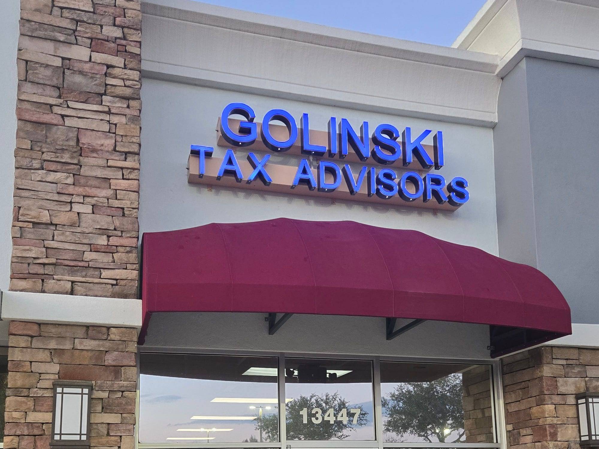 Golinski Tax Prep storefront at 13447 County Line Road in the Shoppes At Avalon, Spring Hill