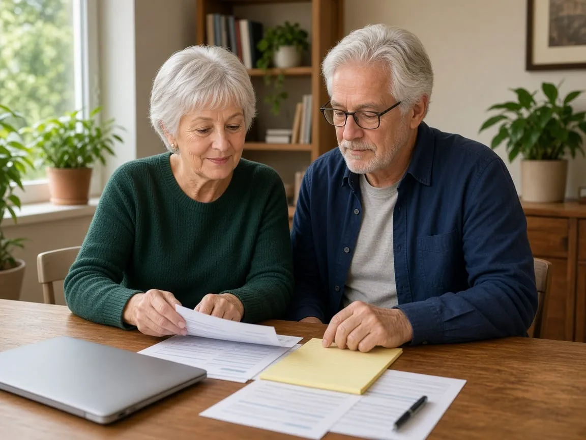A senior couple at a home desk with a laptop and paper forms