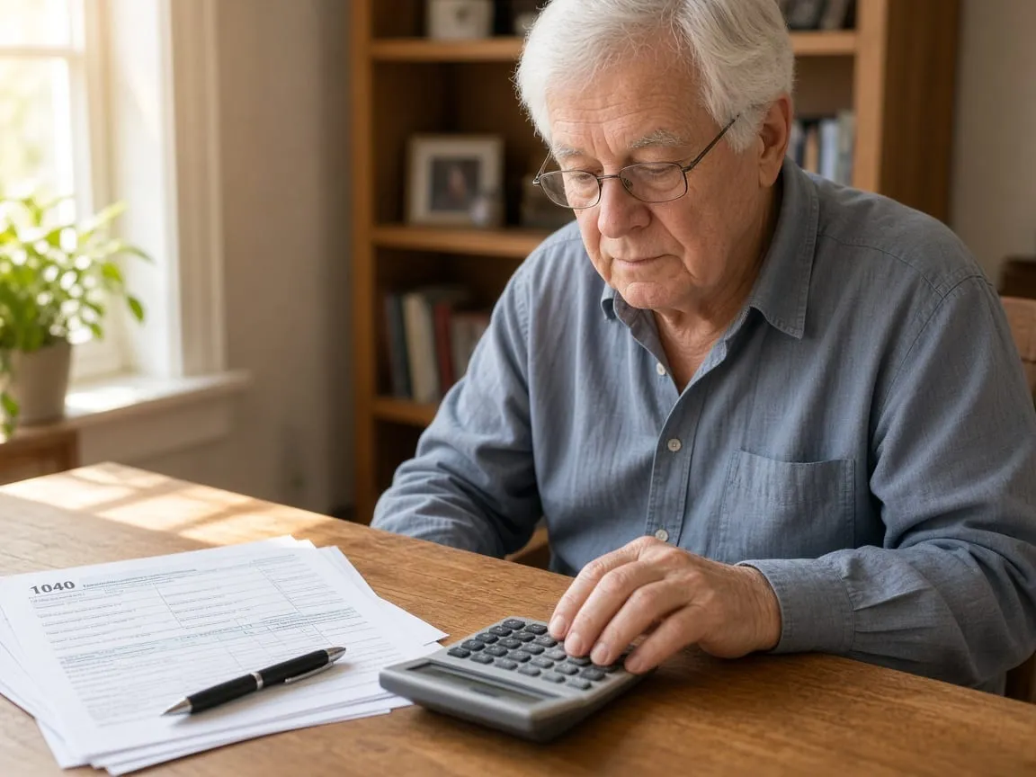 An older adult at a sunlit desk with tax forms, a calculator, and a pen