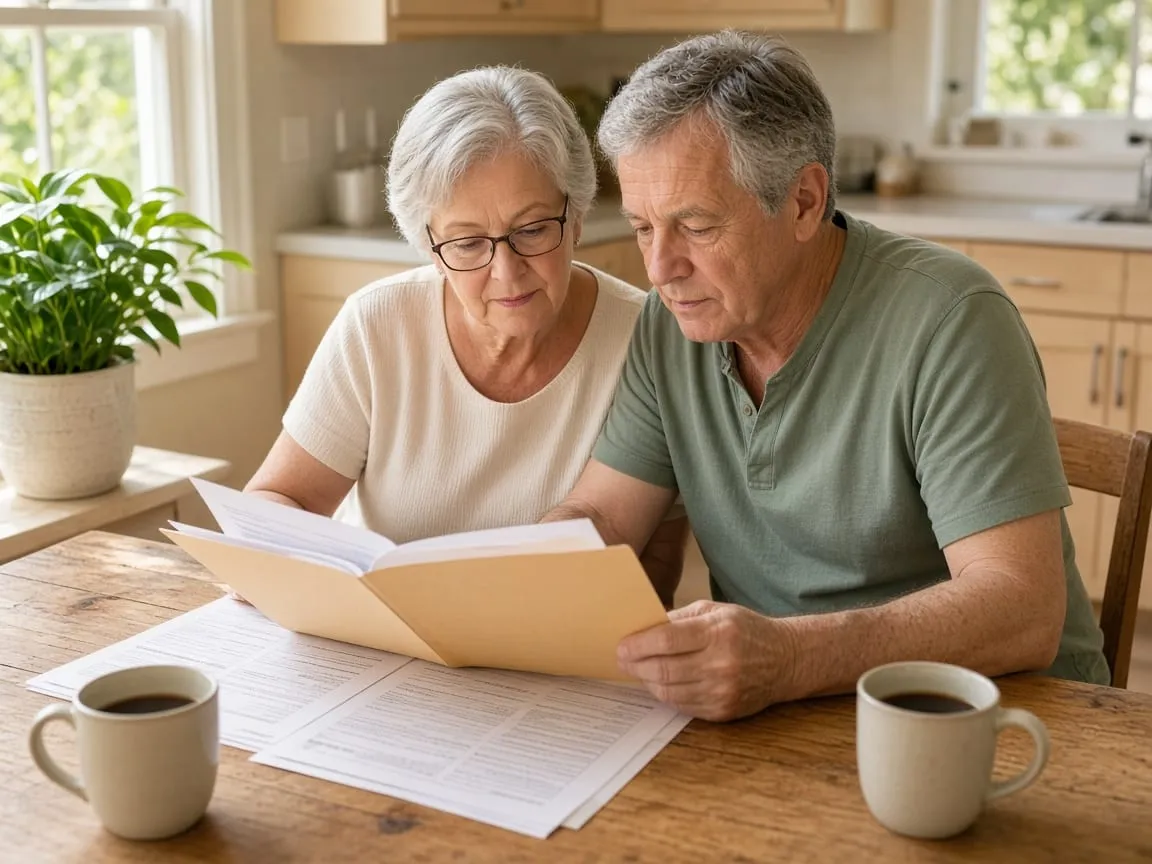 A retired couple reviewing tax paperwork at a kitchen table